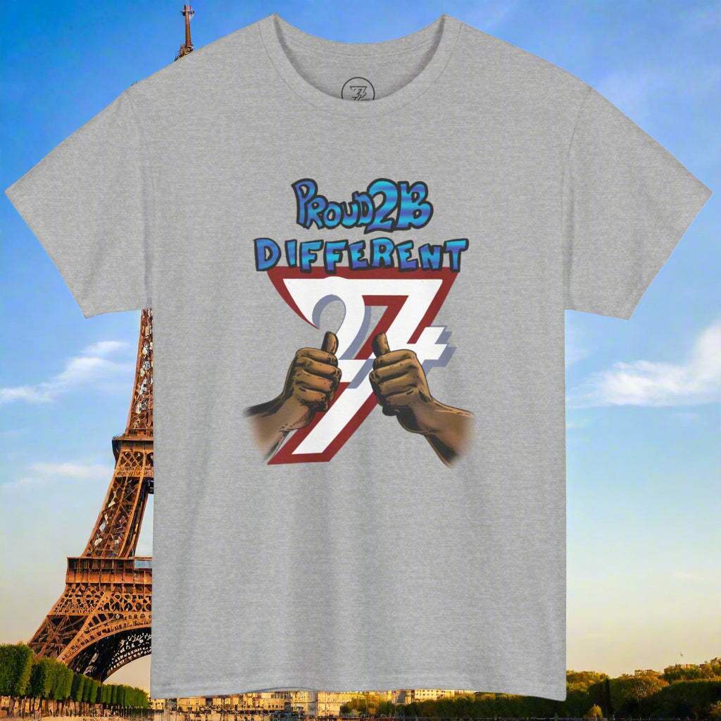 Grey custom tee with bold "Proud 2B Different" graphic and thumbs-up illustration