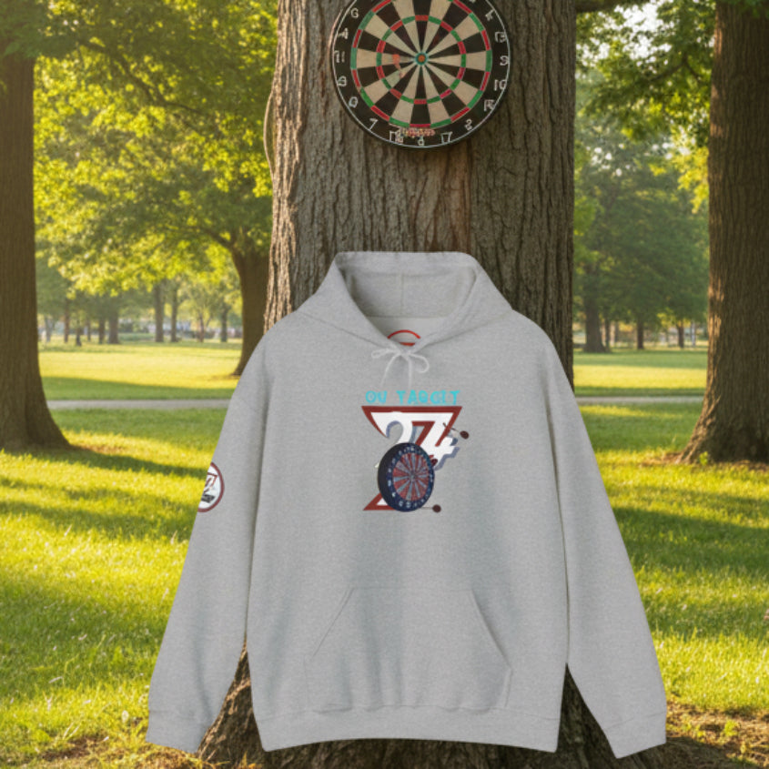 Grey darts hoodie with hand-drawn dartboard illustration and "On Target" text, adjustable hood and kangaroo pocket