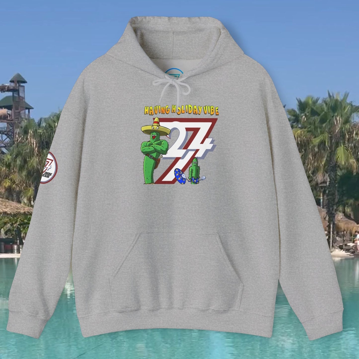 Grey holiday cactus hoodie with cartoon design and kangaroo pocket, perfect for summer and family vibes