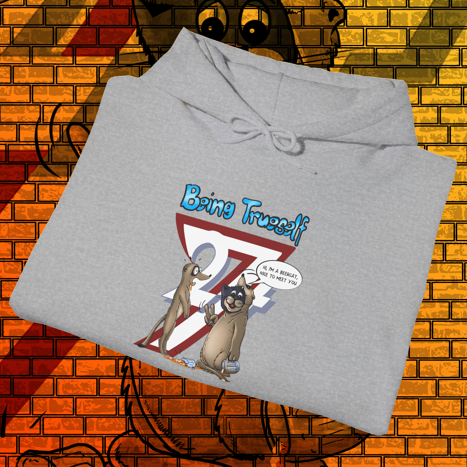 Grey hoodie with cartoon meerkat and cat design and "Being Trueself" text