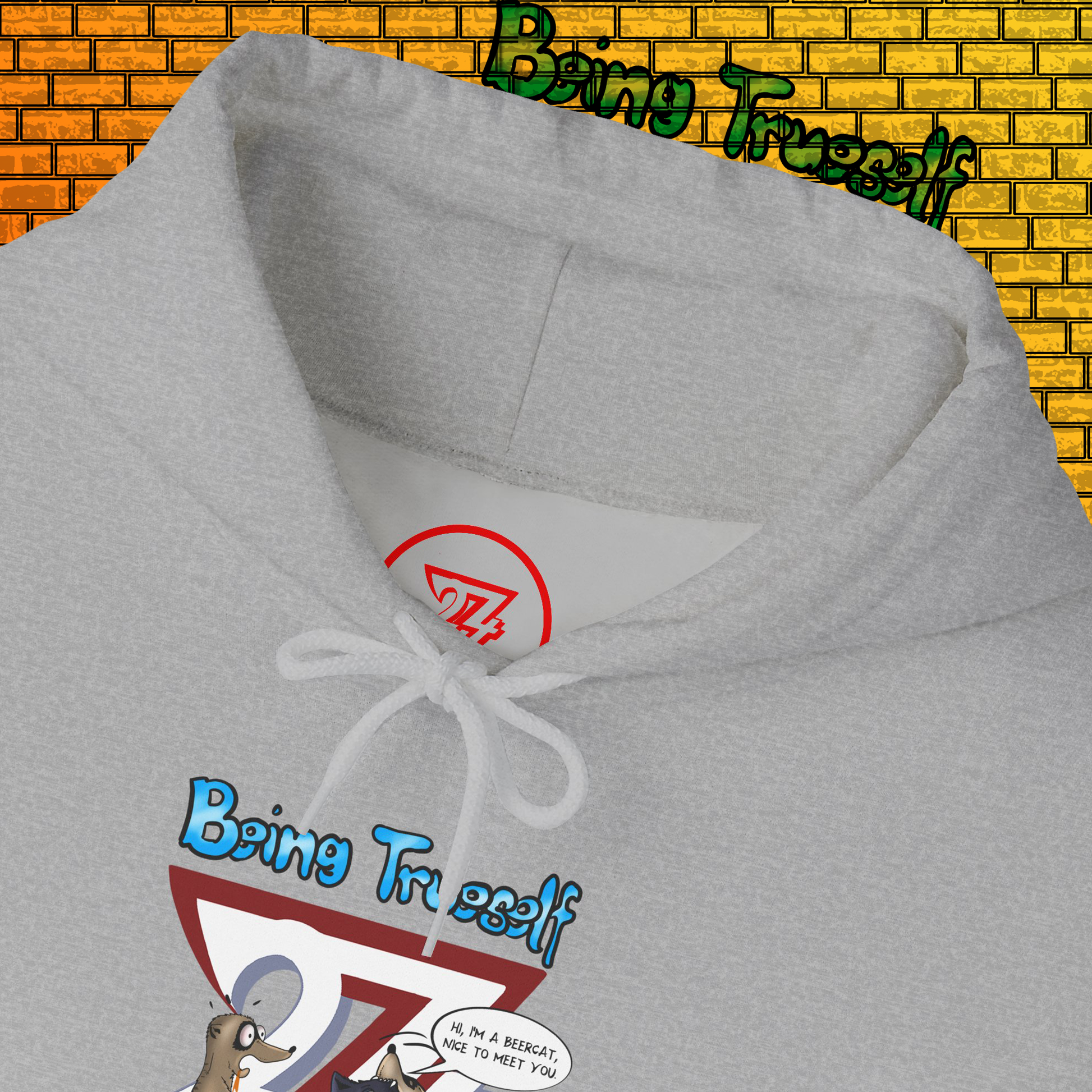 Grey hoodie with cartoon meerkat and cat illustration and "Being True-Self" text, kangaroo pocket, adjustable hood