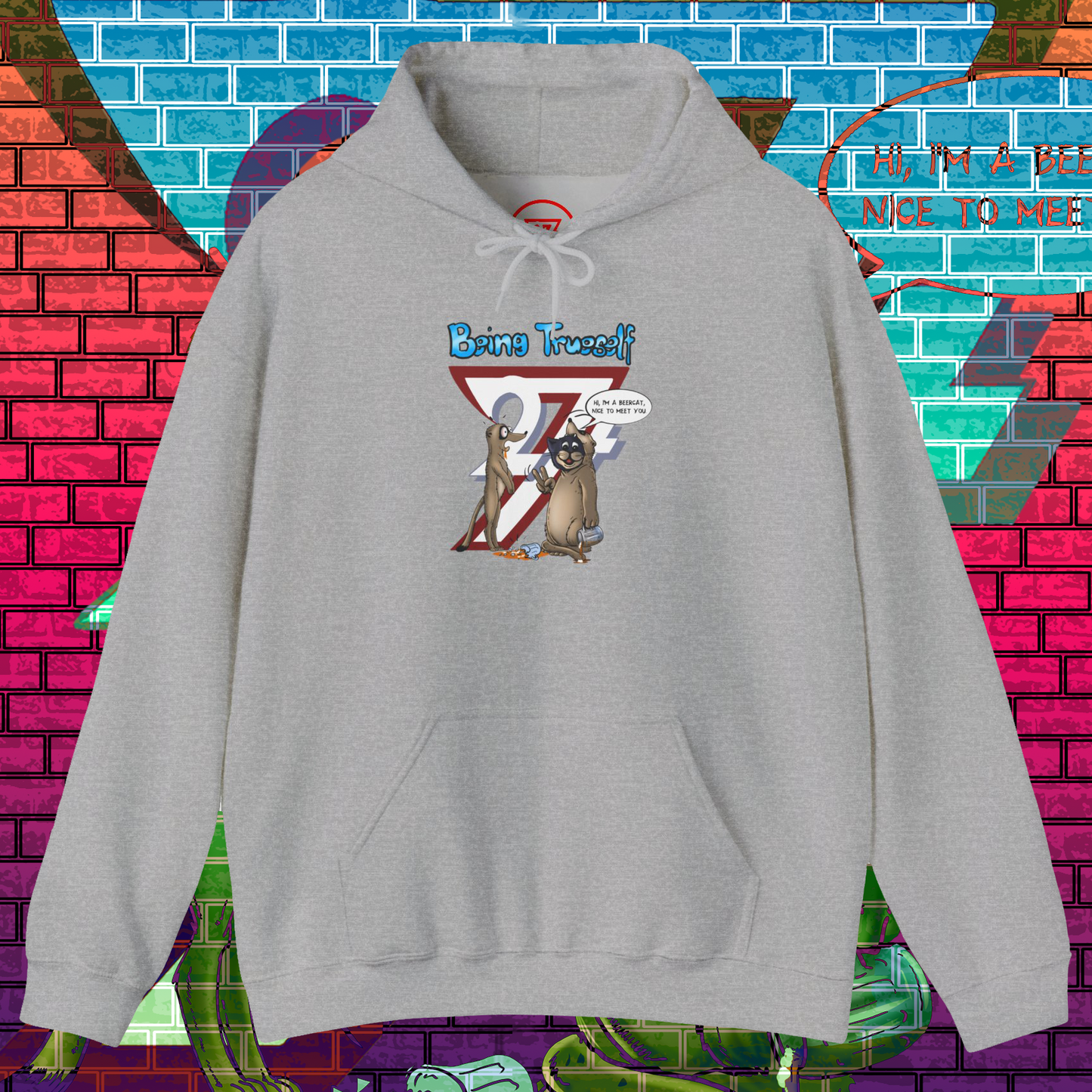Grey hoodie with cartoon meerkat and cat in disguise design and "Being True-Self" text, kangaroo pocket, adjustable hood