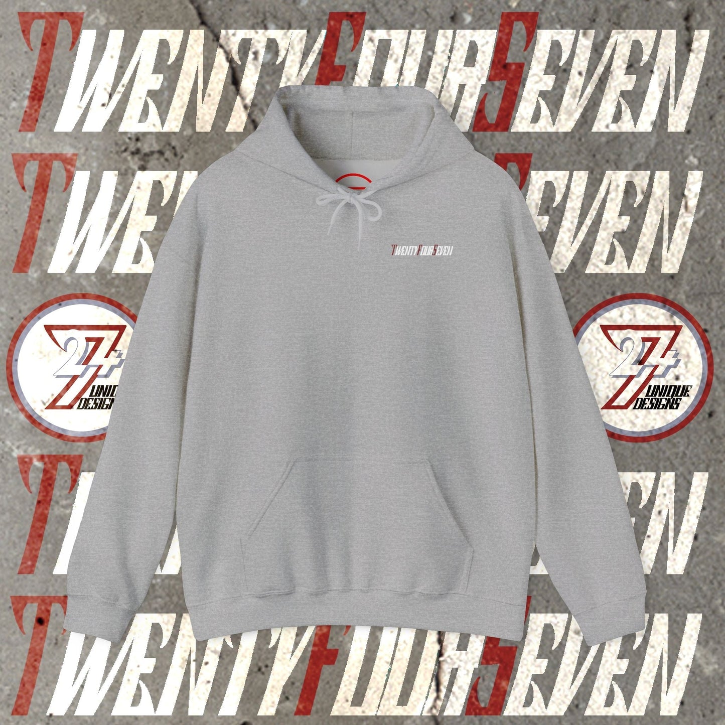 Grey printed hoodie with twentyfourseven logo, kangaroo pocket, and adjustable hood