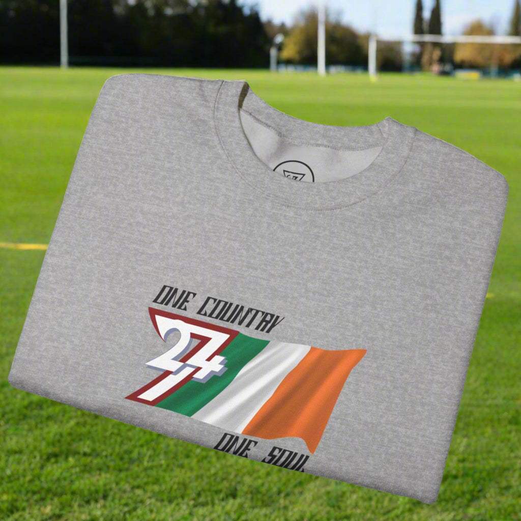 Grey unisex sweatshirt with Ireland flag and "One country one soul" slogan printed on front.