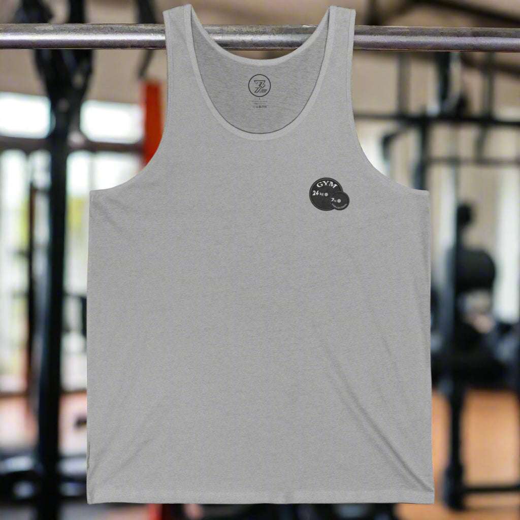 Grey unisex workout jersey tank top with gym logo, lightweight and breathable gym wear for summer fitness and casual use