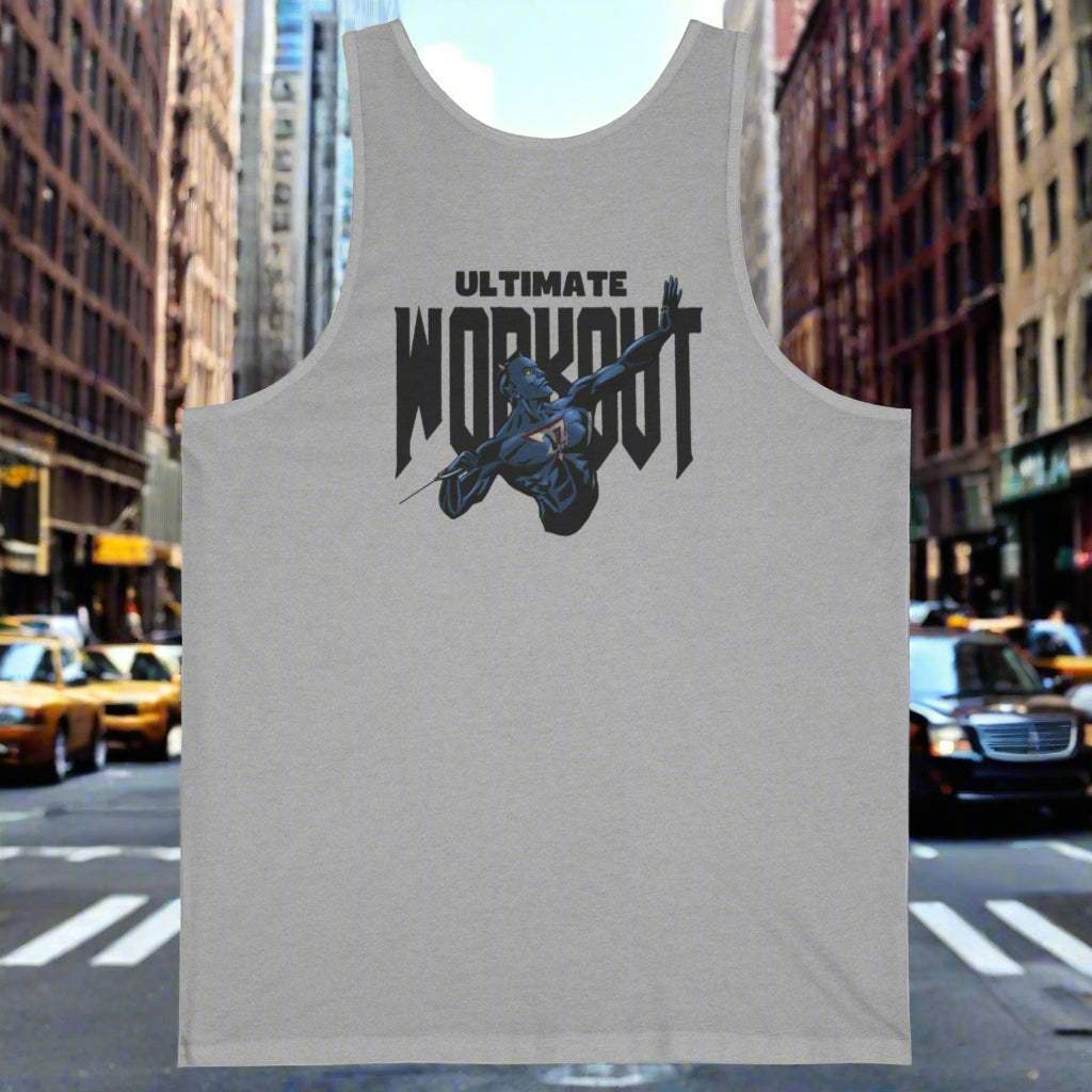 Grey unisex workout jersey tank with "Ultimate Workout" text and graphic, breathable fabric for gym and casual wear.