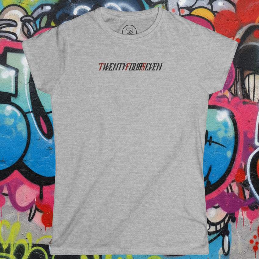 Grey women's t-shirt with bold "twentyfourseven" text for night outs and parties