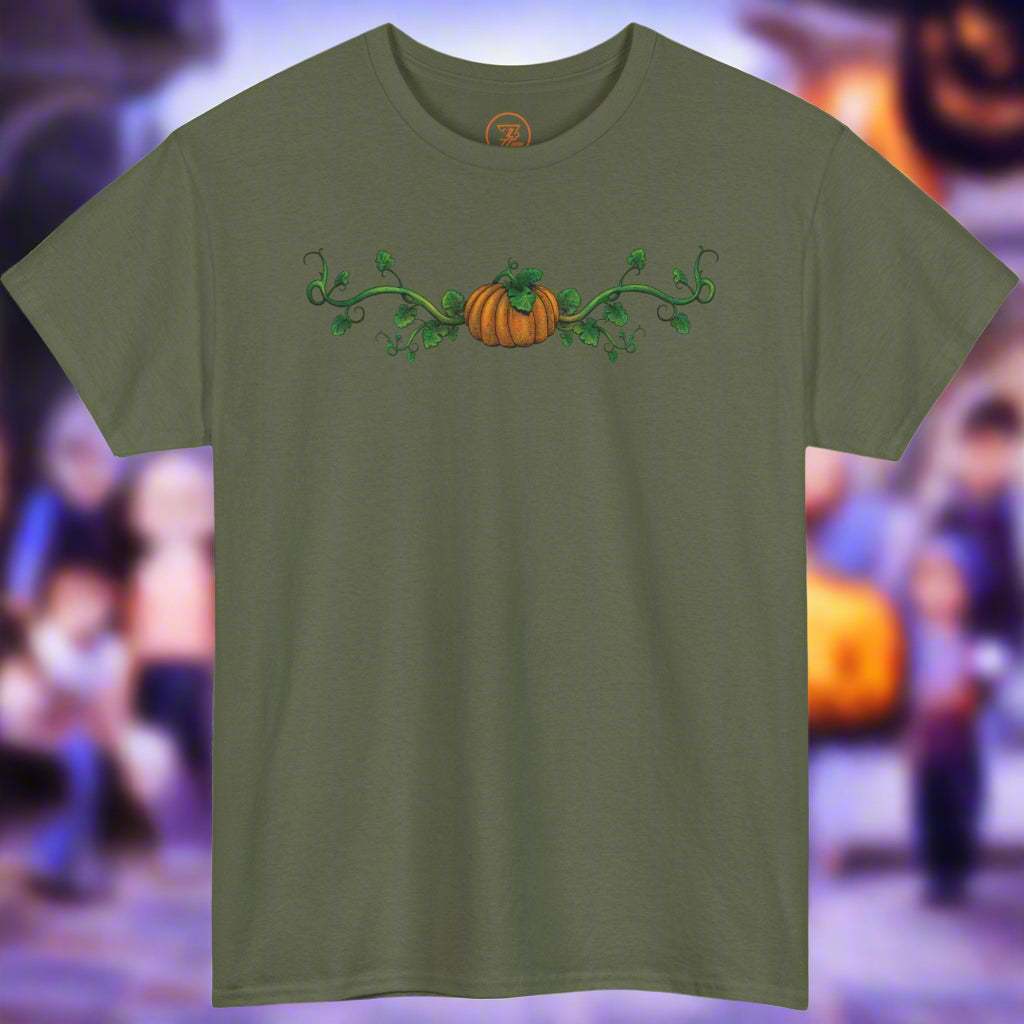 Halloween Pumpkin T-Shirt in military green with hand-drawn pumpkin design and vine details for Halloween and everyday wear