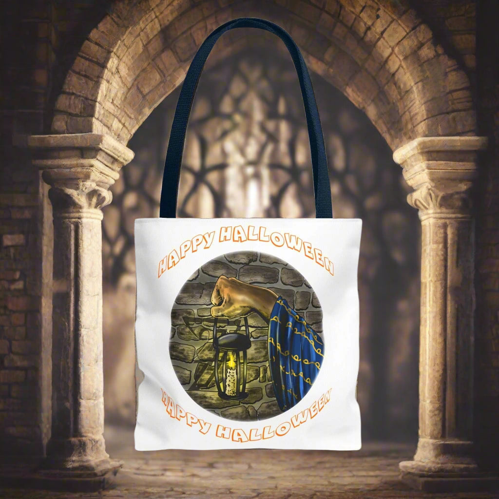 Halloween Tote Bag with spooky design and "Happy Halloween" text, featuring durable 100% polyester and reinforced handles.