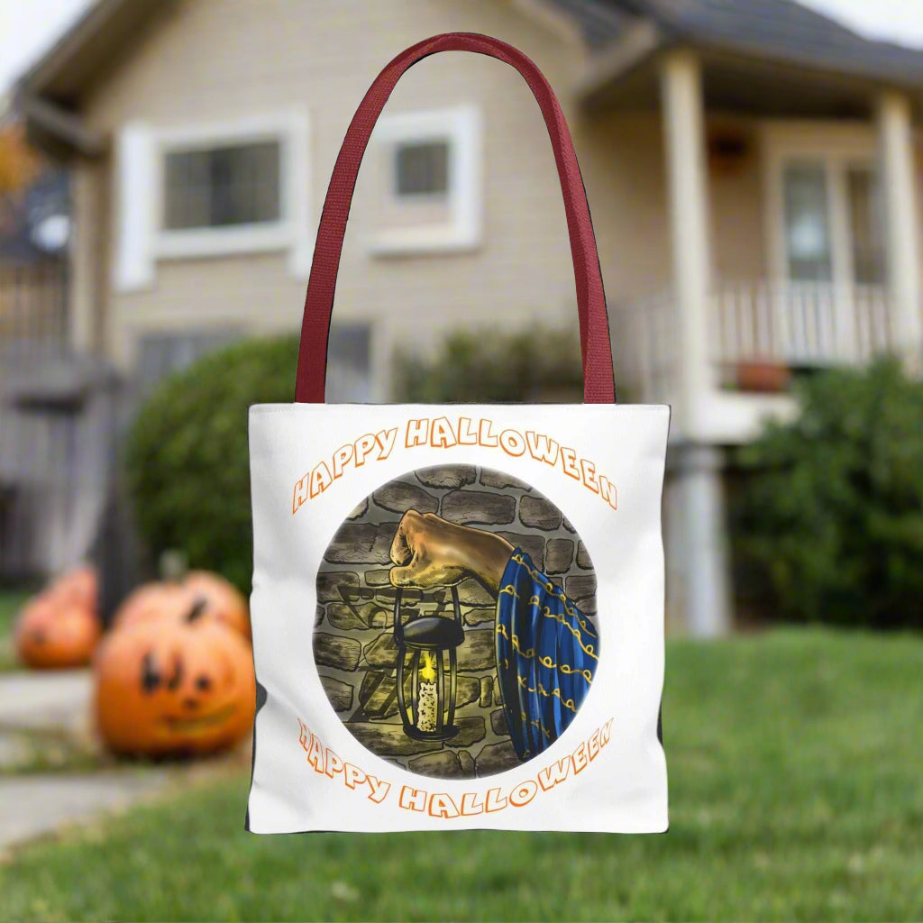 Halloween Tote Bag with spooky design, durable polyester, reinforced handles, and boxed corners for extra room.