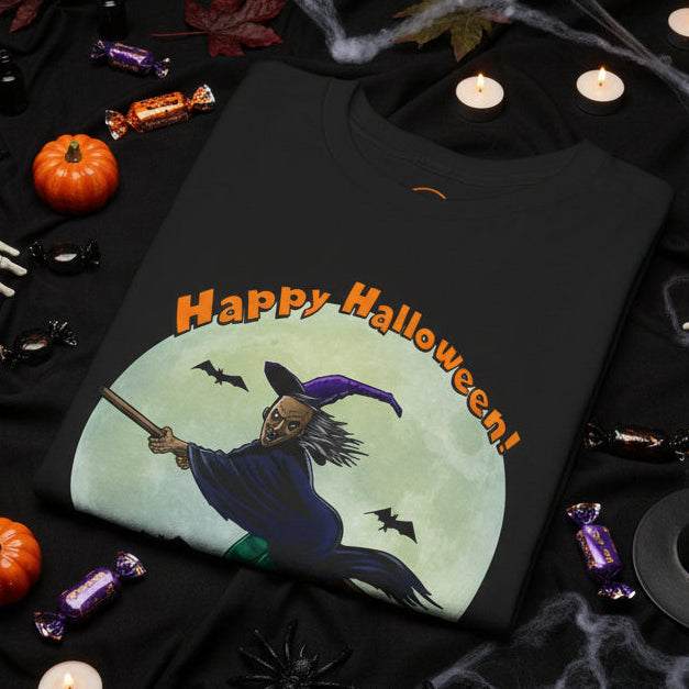 Halloween Witch Tee featuring a flying witch silhouette with full moon and bats, Halloween-themed black t-shirt with Happy Halloween text.