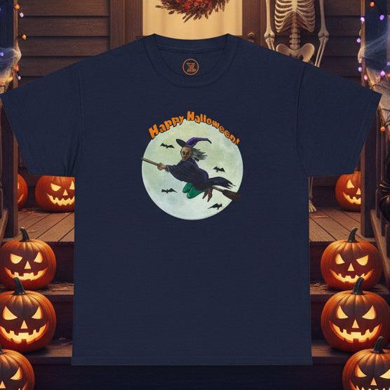 Halloween Witch Tee with flying witch on broomstick and full moon design on navy blue shirt