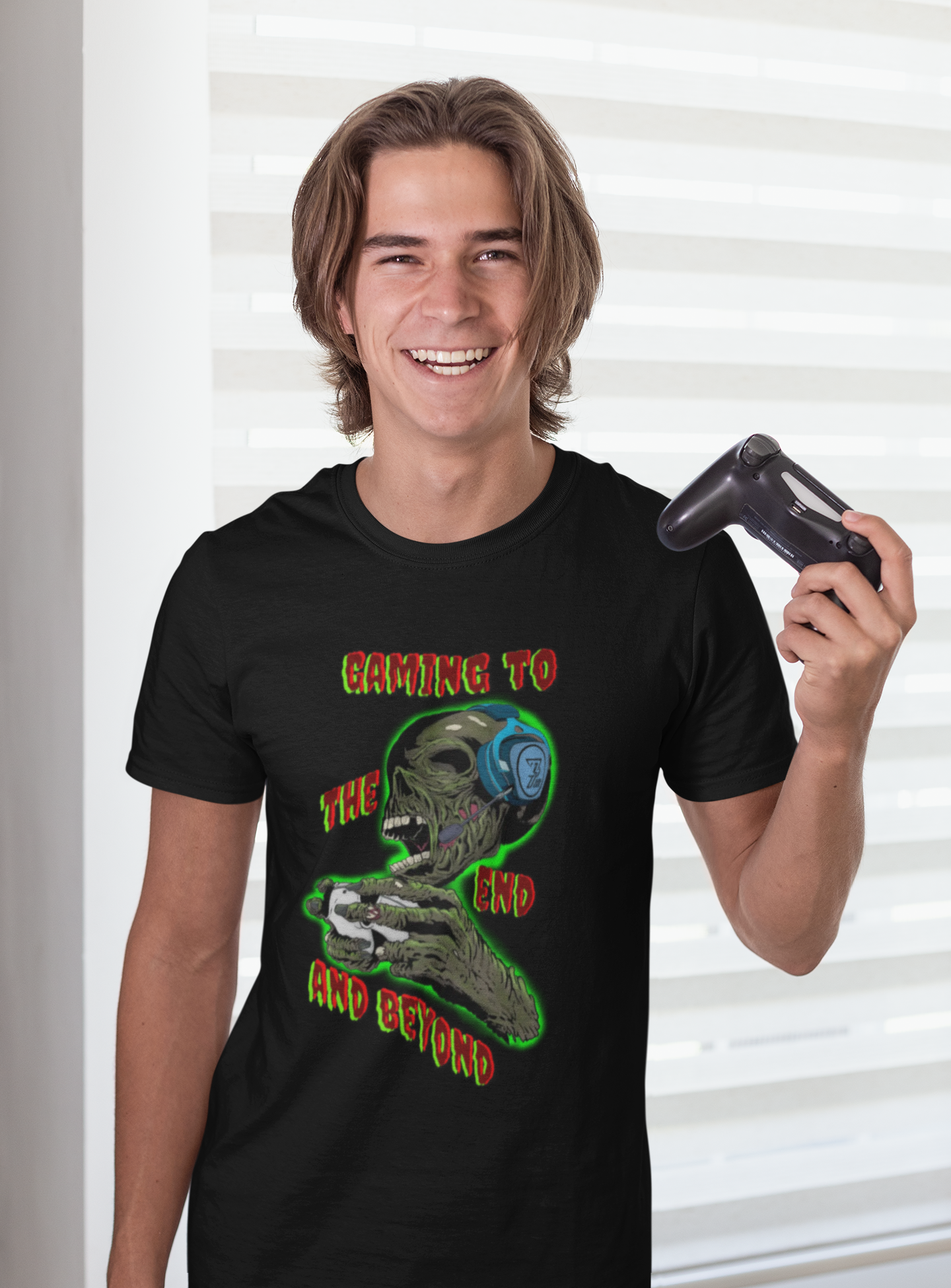Halloween zombie tee featuring a gamer zombie graphic with the text "Gaming to the end and beyond" on a black t-shirt