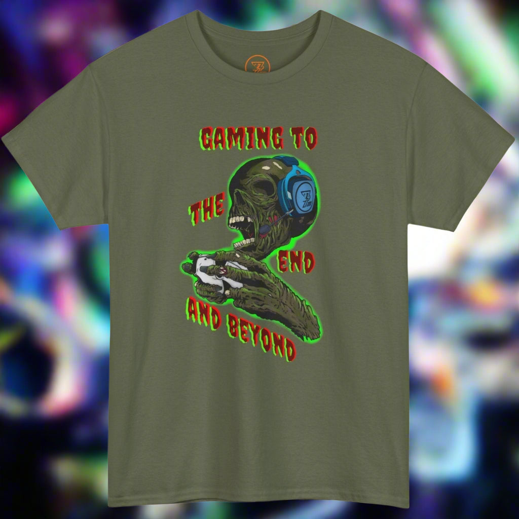 Halloween zombie tee with gaming skull illustration wearing headphones on olive green t-shirt