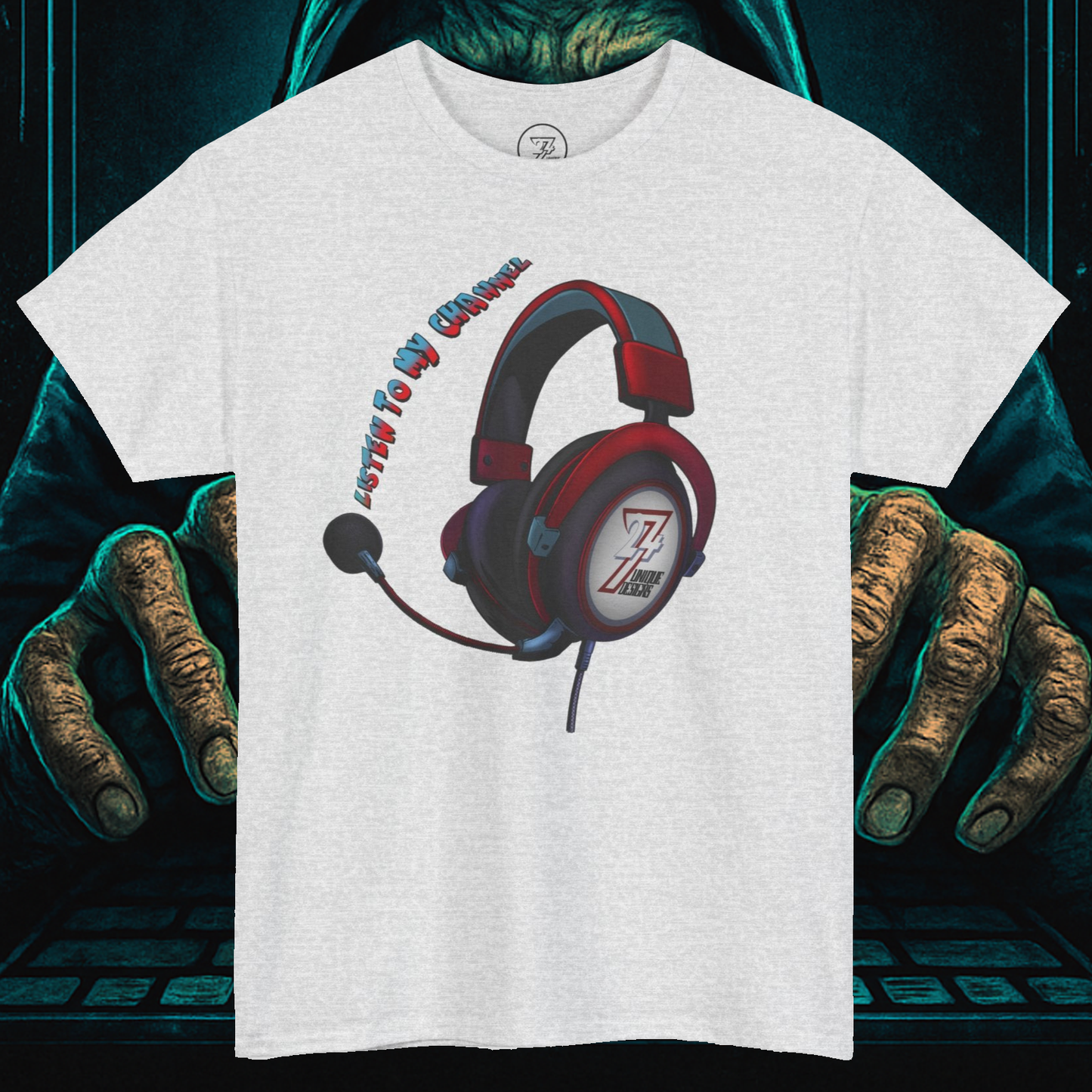 Custom t-shirt with headphone design and "Listen To My Channel" slogan, perfect for streamers and content creators