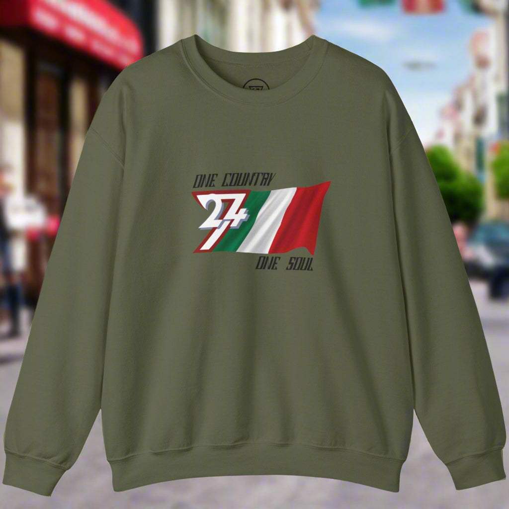 Italian flag inspired green sweatshirt with hand-drawn flag and "One Country One Soul" text for sports and national pride events