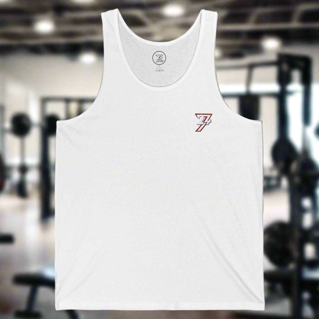 White workout tank top with a small logo on the chest, designed for gym and casual wear.