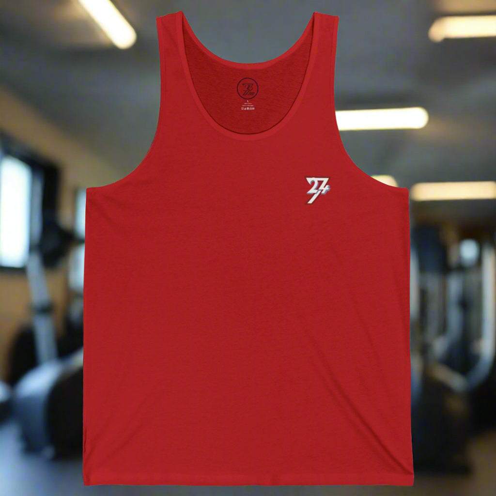 Red workout tank top with small white logo on chest, breathable gym and casual fitness apparel