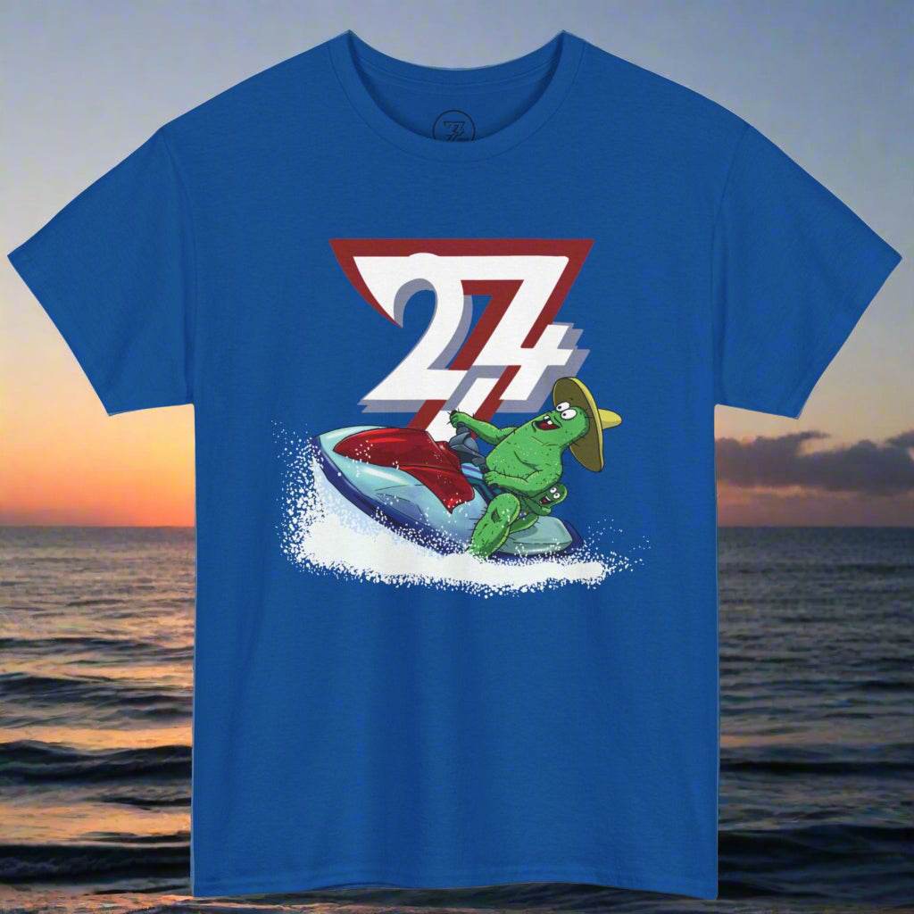 Blue t-shirt with a cartoon cactus riding a jet ski and "27" logo, summer fun design cactus shirt