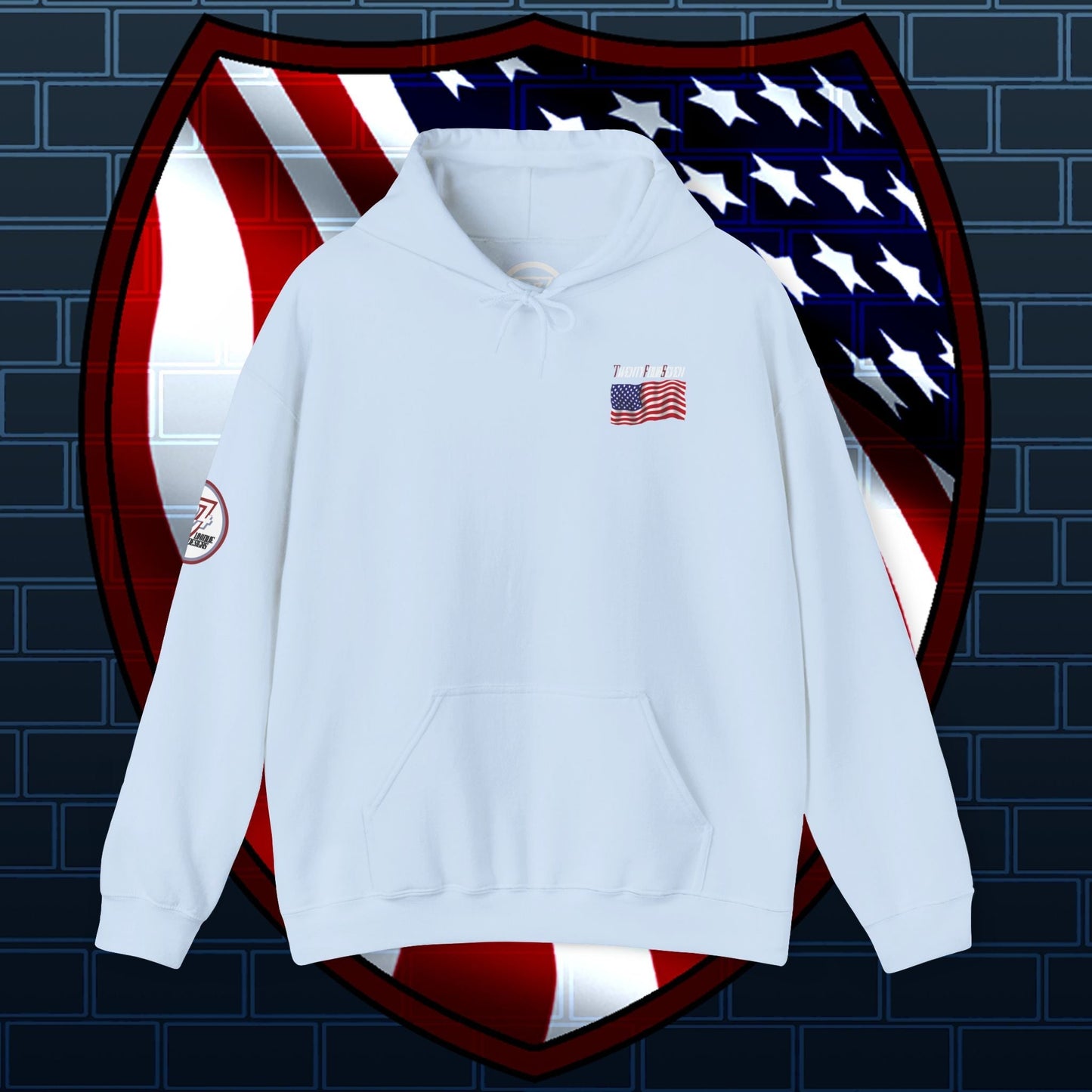 Light blue US flag hoodie with small printed American flag on chest and patch on sleeve, cozy cotton blend sweatshirt for patriotic wear