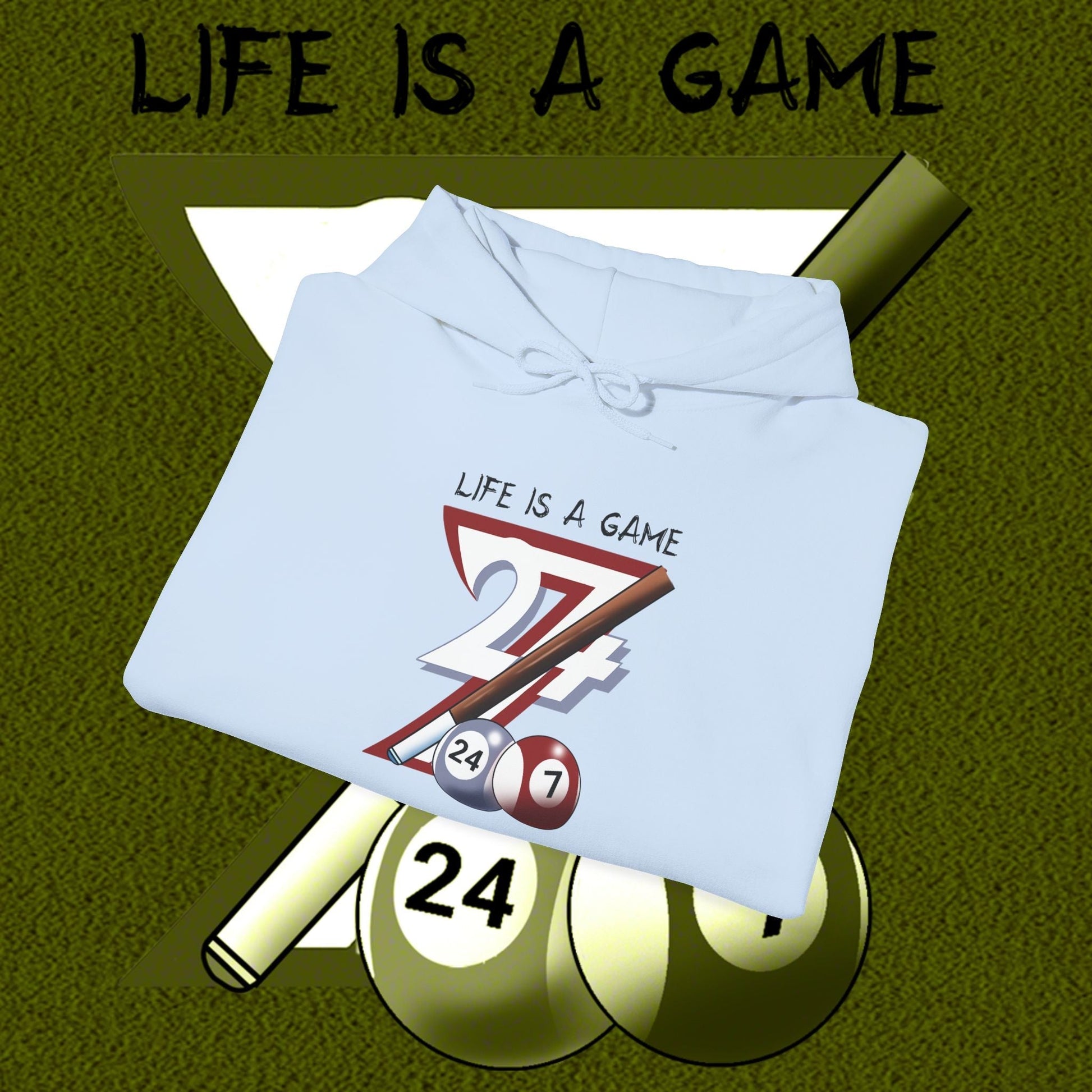 Light blue billiards hoodie with unique hand-drawn pool design and "Life is a Game" text