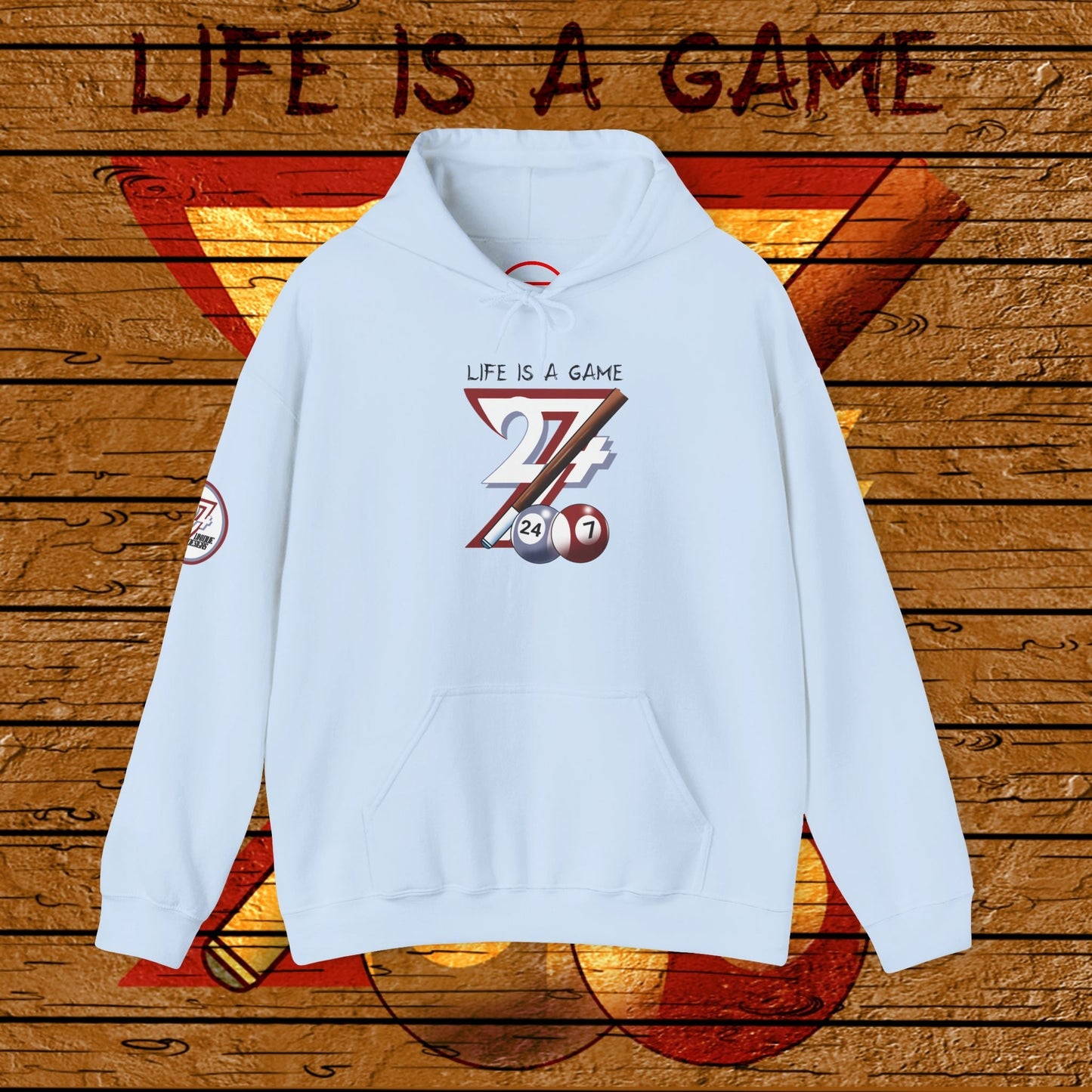Light blue billiards hoodie with "Life is a Game" design and pool ball graphics, kangaroo pocket and adjustable hood.