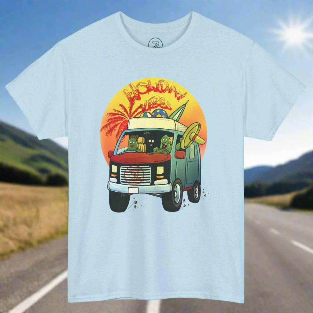 Light blue cactus shirt featuring a colorful cartoon camper van with cactus characters and a sunset background, perfect for summer holidays and vacations.