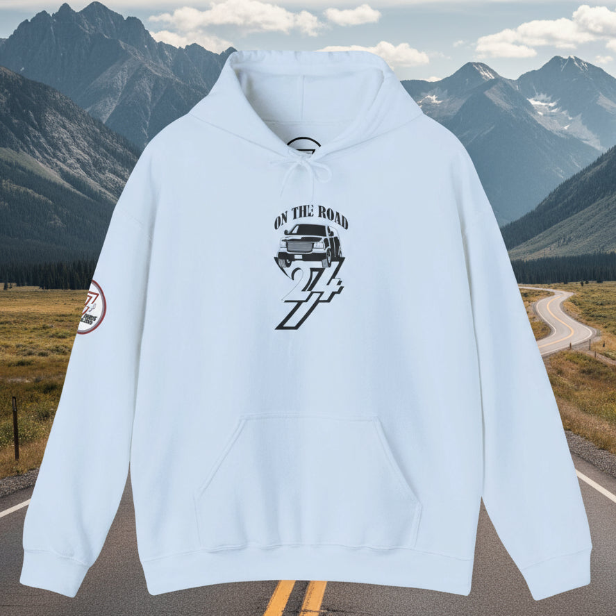 Light blue car hoodie with hand-drawn vehicle design and kangaroo pocket for travel enthusiasts and working men