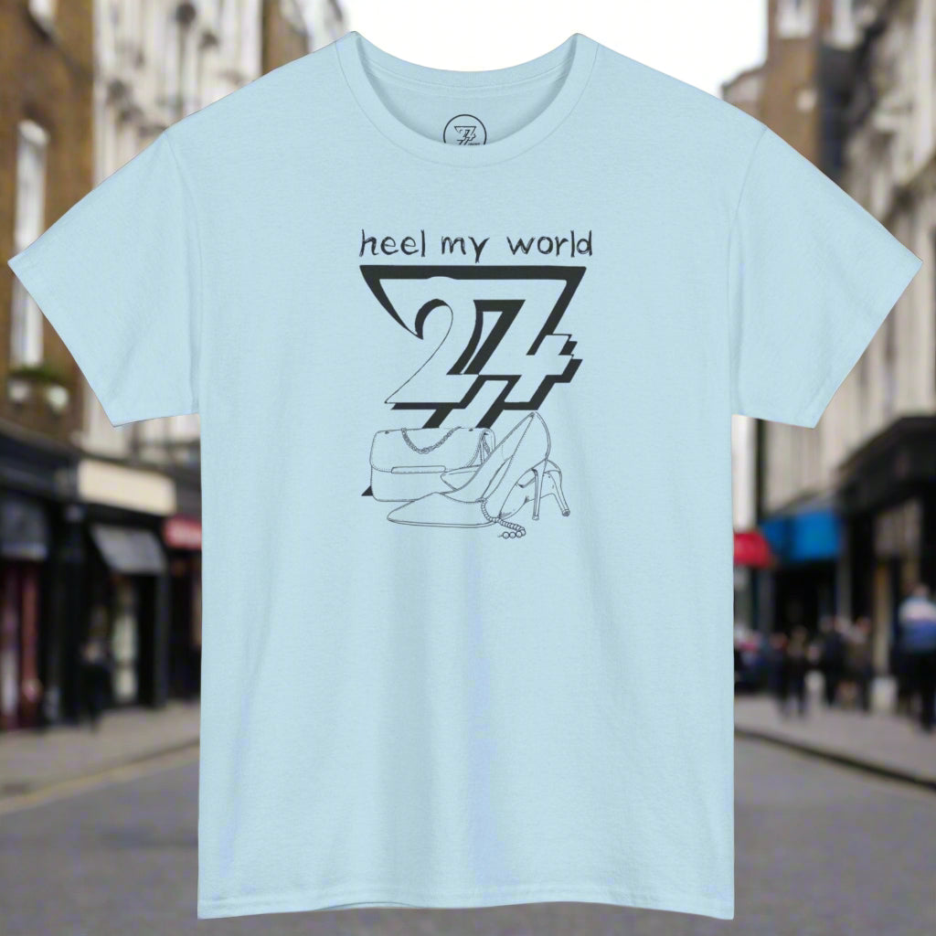 Light blue graphic tee with black outline illustration of high heel shoe and handbag and "heel my world" quote.