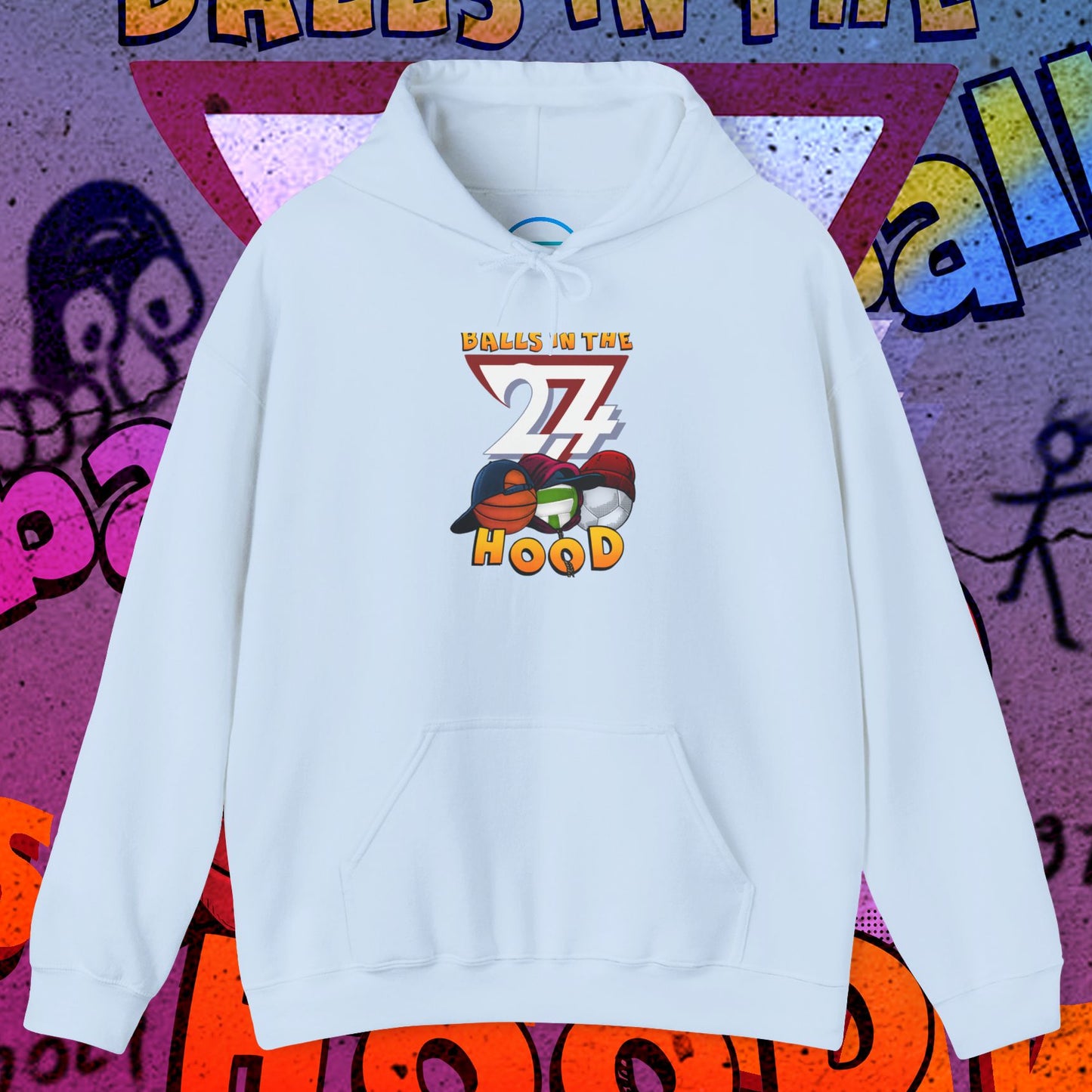 Light blue printed hoodie with "Balls in the Hood" design, kangaroo pocket, and adjustable hood for urban streetwear and ballgame fans