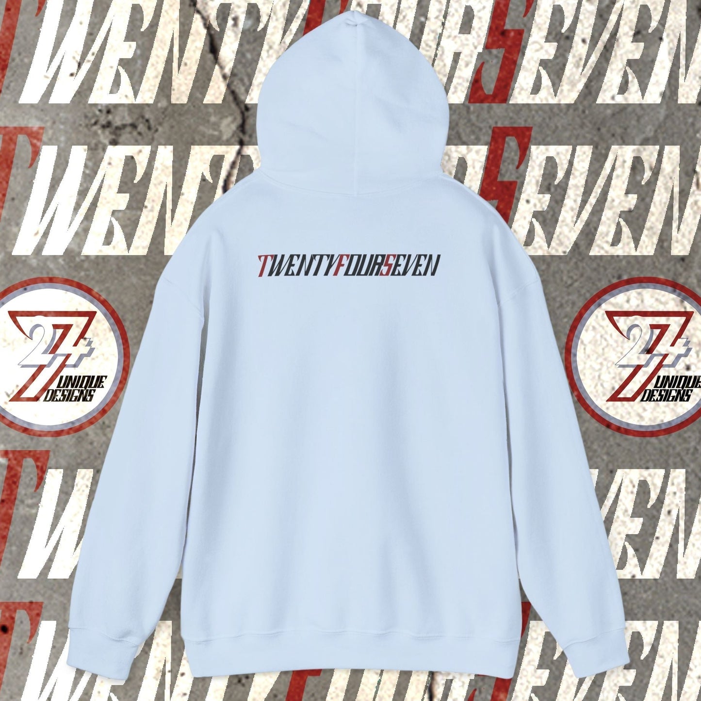 Light blue printed hoodie with "TWENTYFOURSEVEN" text and 24/7 logo design, cotton-polyester blend for casual wear