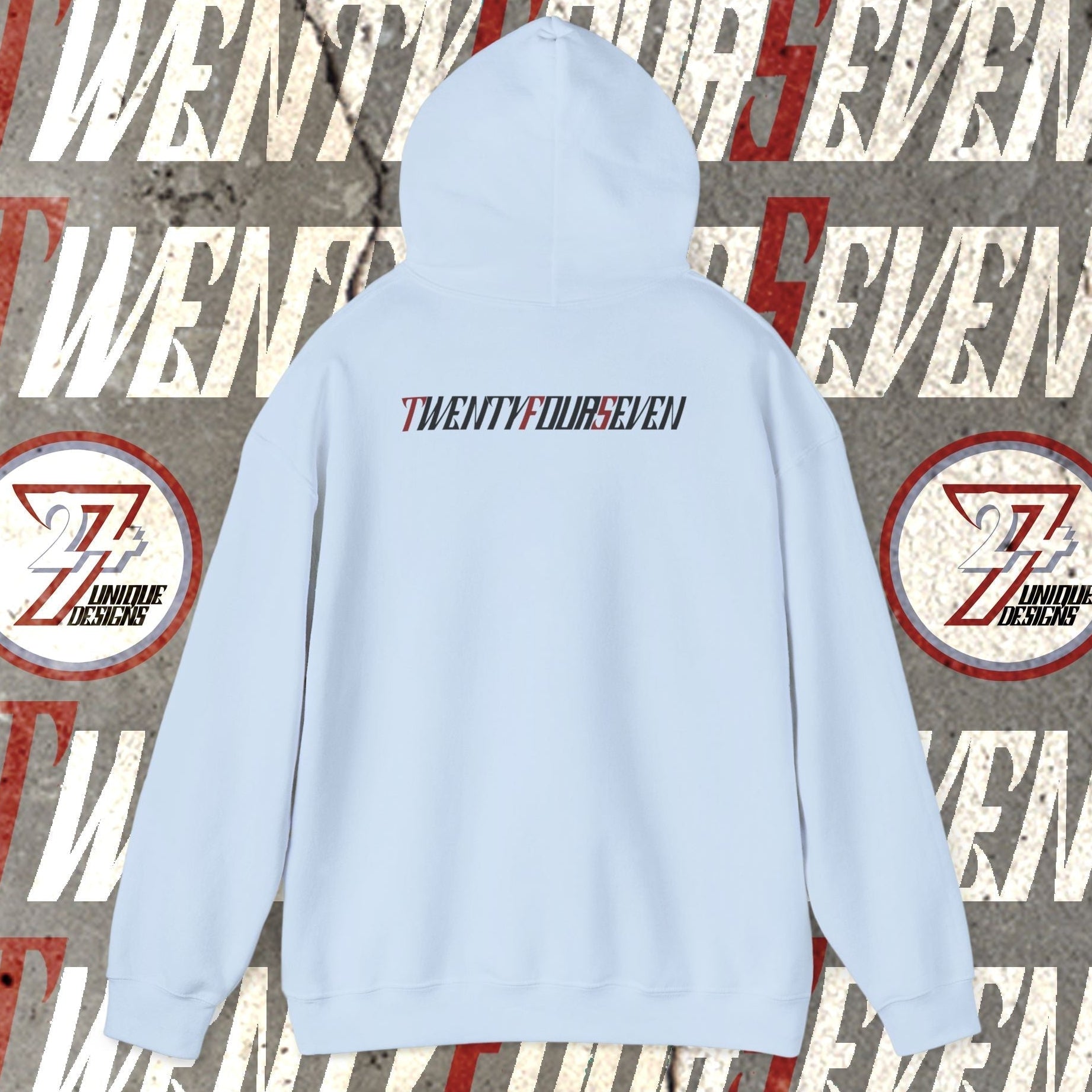 Light blue printed hoodie with "TWENTYFOURSEVEN" text and 24/7 logo design, cotton-polyester blend for casual wear