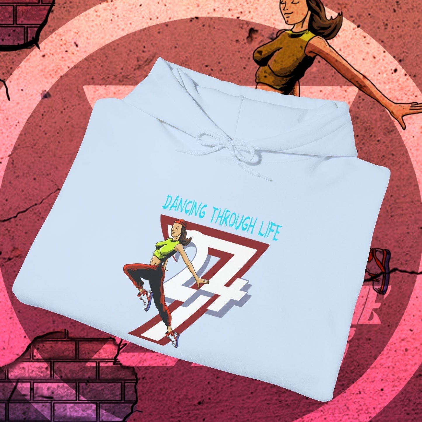 Light blue street dance hoodie for women with hand-drawn dancer illustration and "Dancing Through Life" text, urban stylish comfortable wear.