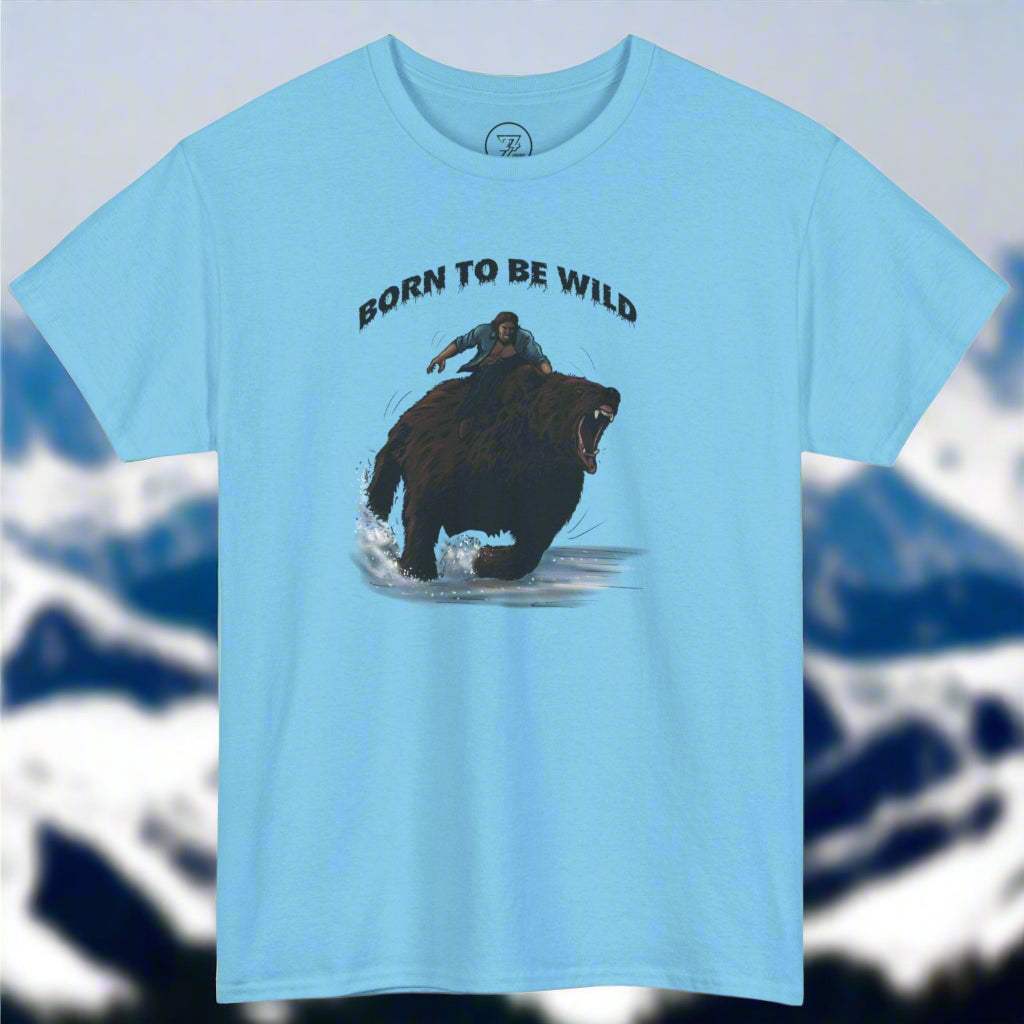 Light blue vintage style bear shirt with comic design of a person riding a roaring bear and text "Born to be wild"