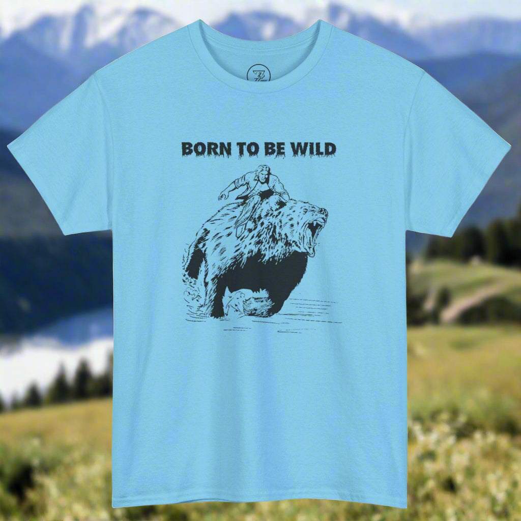 Unique bear on t-shirt with vintage comic style bear illustration and "Born to Be Wild" text.