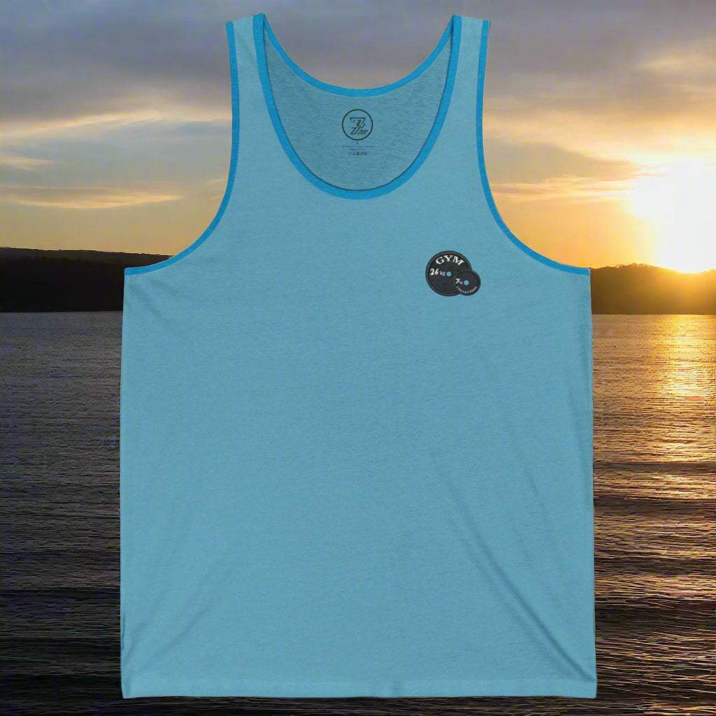 Light blue unisex workout jersey tank with gym logo, perfect for fitness and casual summer wear