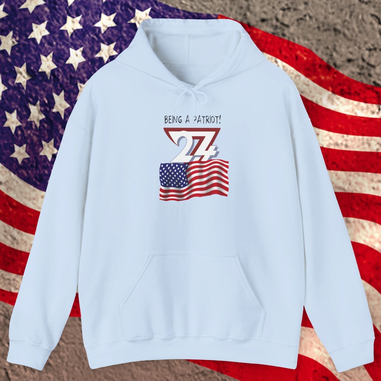 Light blue usa flag hoodie with American flag design on a textured surface