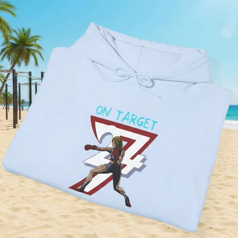 Light blue women's boxing hoodie with feminine boxer illustration and "On Target" text, stylish and comfortable for outdoor training and streetwear.