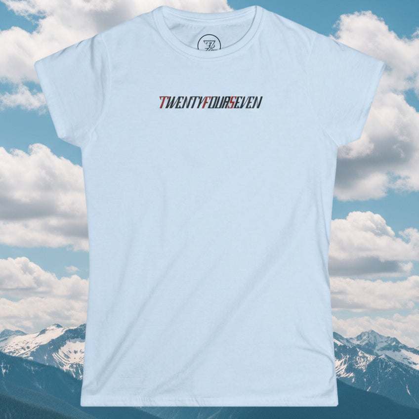 Light blue women's t-shirt with bold "twentyfourseven" text design, casual and stylish for night outs and parties