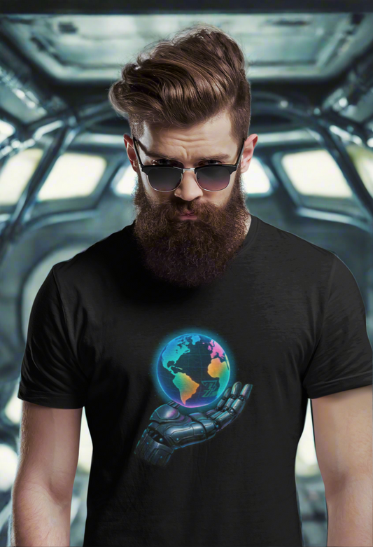 Man wearing futuristic tee with a robotic hand holding a glowing earth graphic design