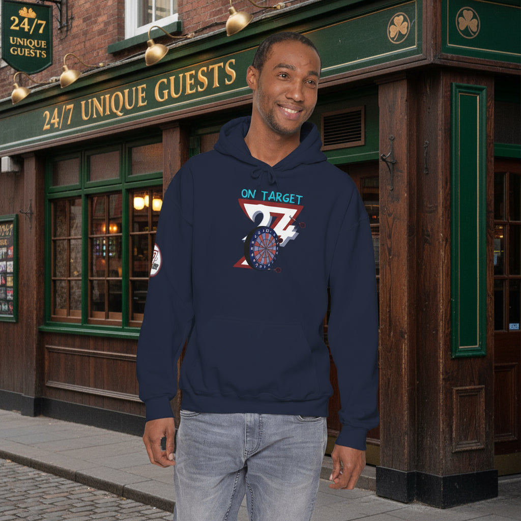 Man wearing navy darts hoodie with hand-drawn dartboard illustration and "ON TARGET" text