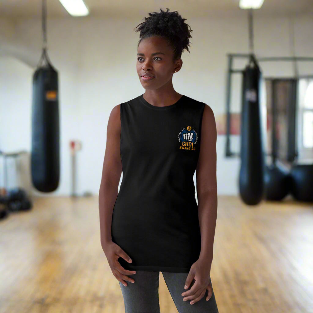 Martial arts practitioner wearing Choi Kwang Do black tank top