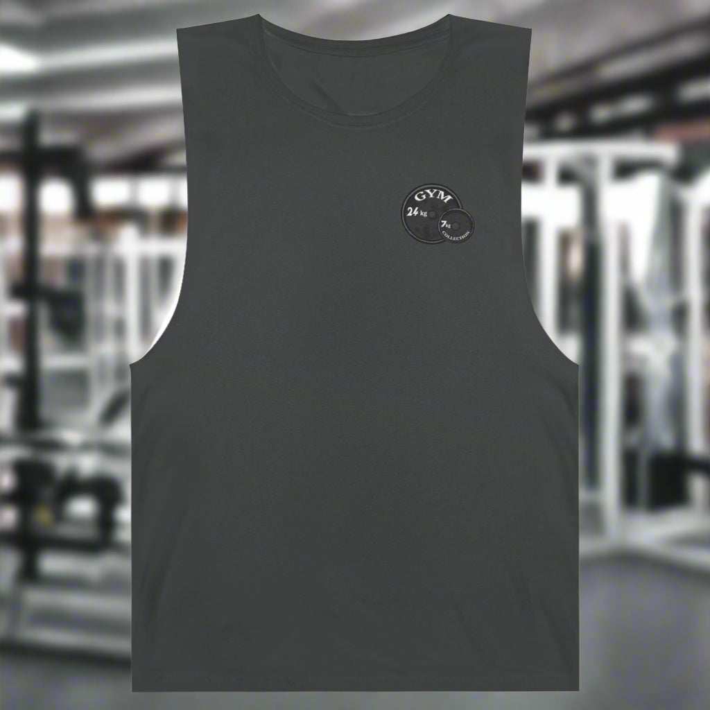 Men's dark grey gym muscle tank with exclusive workout illustration and raw edge sleeves