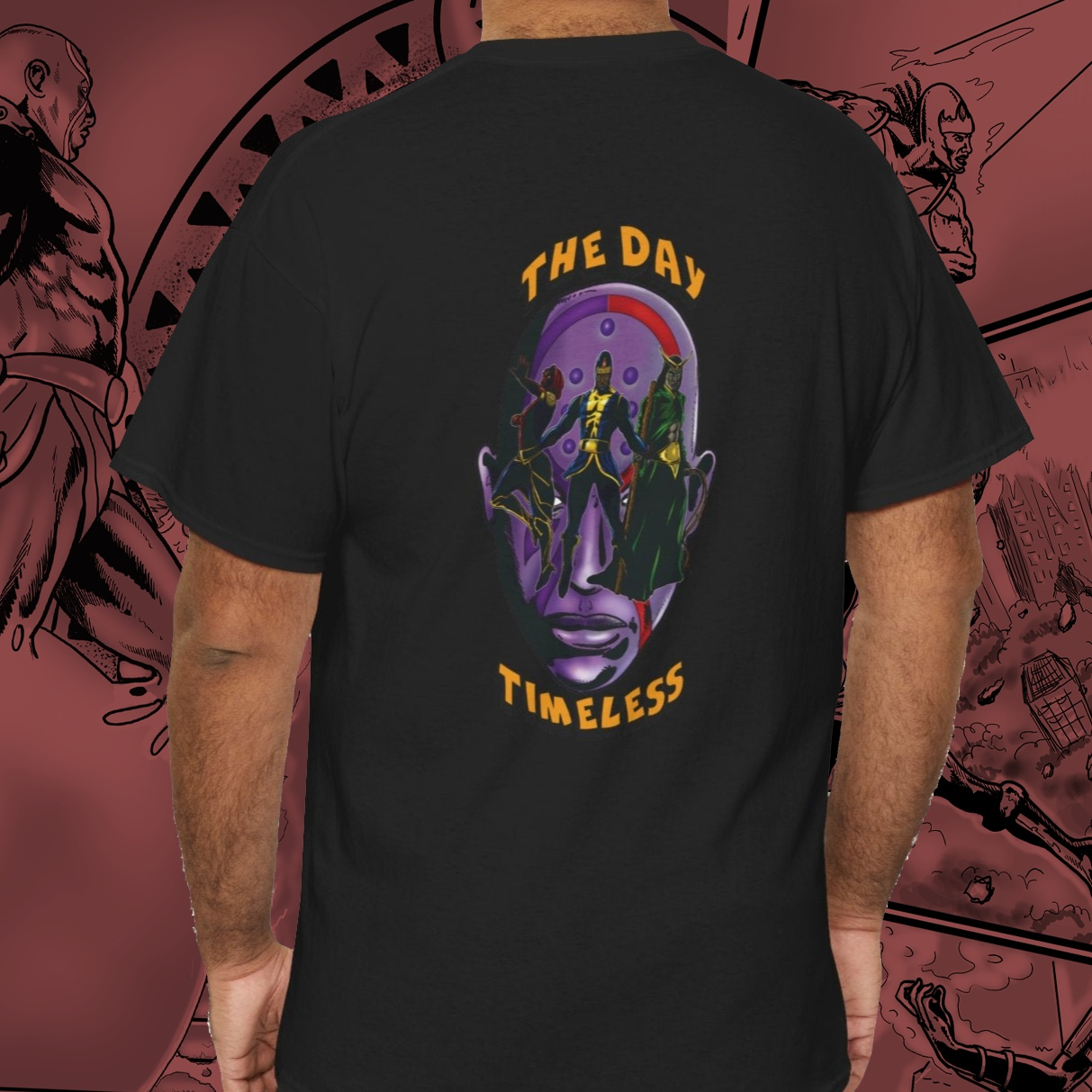 Model wearing Makadonia Comics t-shirt, demonstrating fit and style