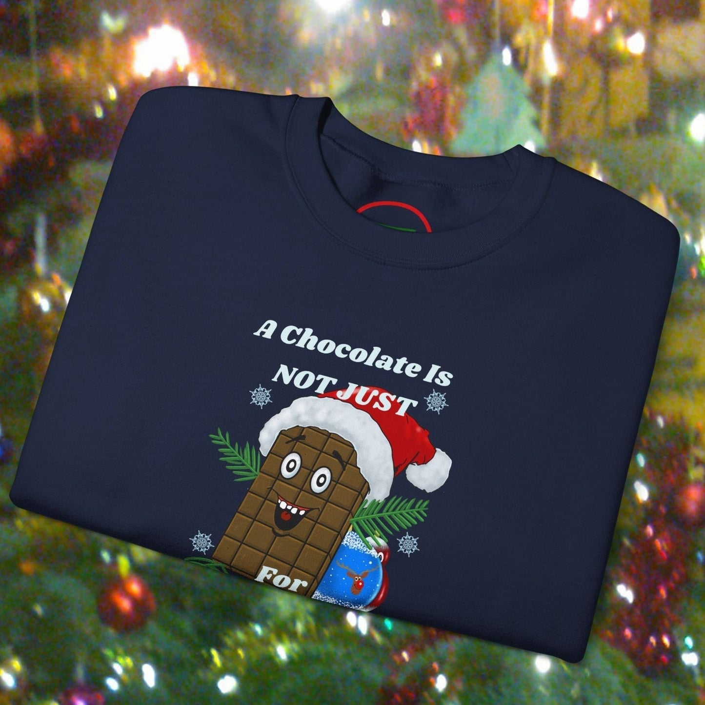 Christmas chocolate sweatshirt with funny cartoon chocolate character and festive Santa hat design