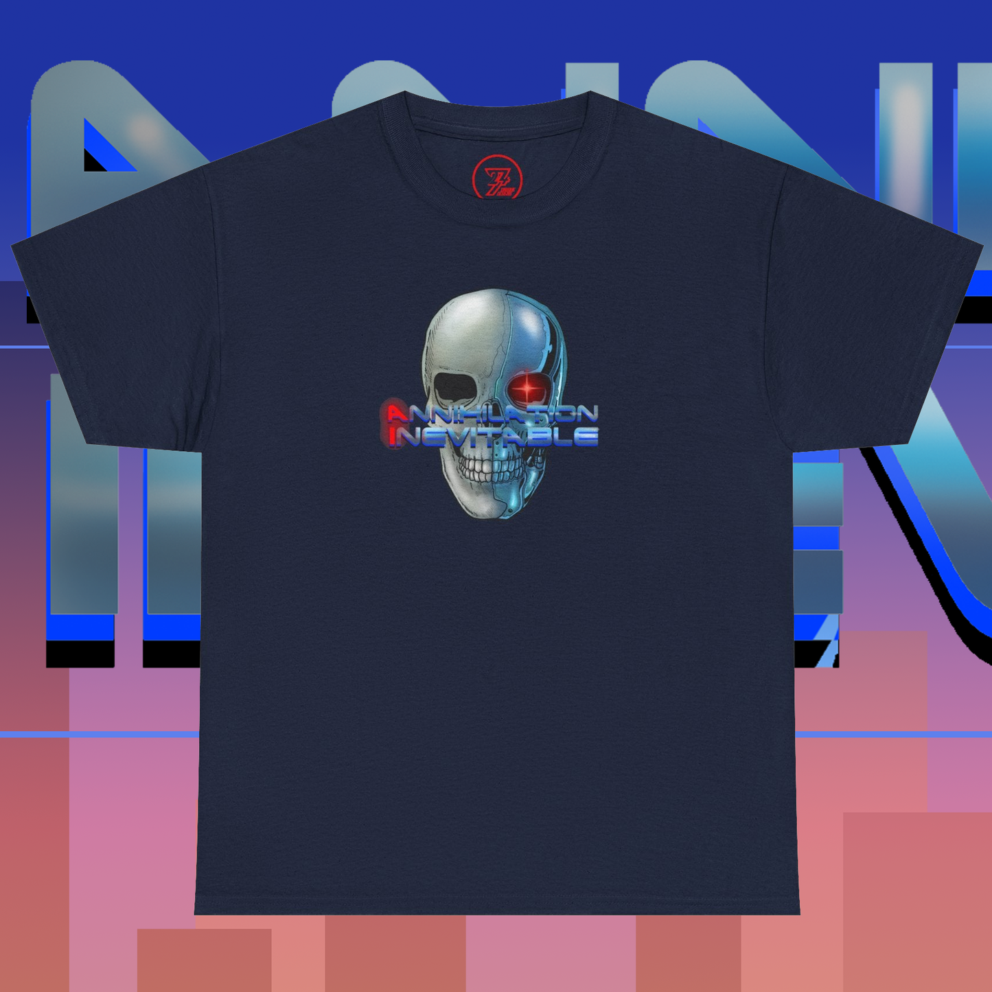 Navy Cyborg T-shirt with skull and red eye design and "Annihilation Inevitable" text on black fabric