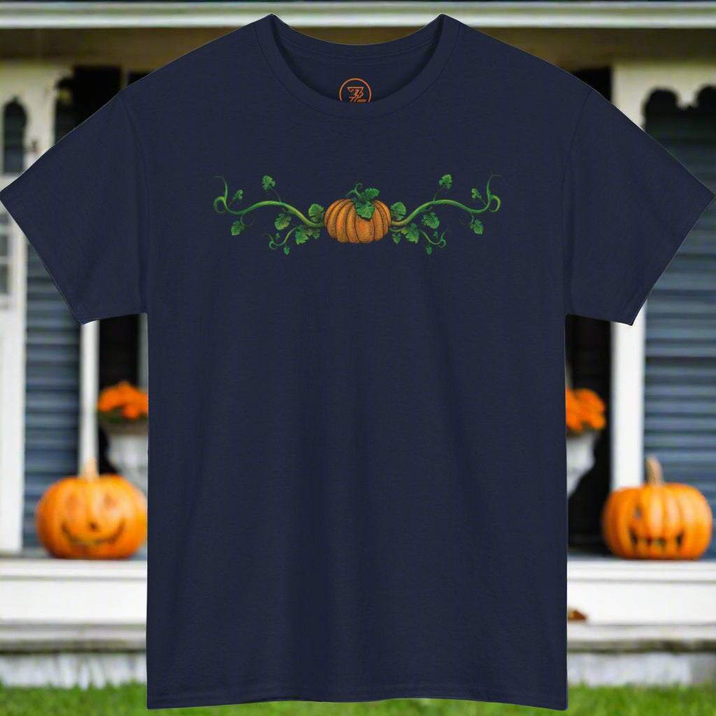 Navy Halloween pumpkin t-shirt with hand-drawn orange pumpkin and green vines design, 100% cotton, unisex, casual and party wear.