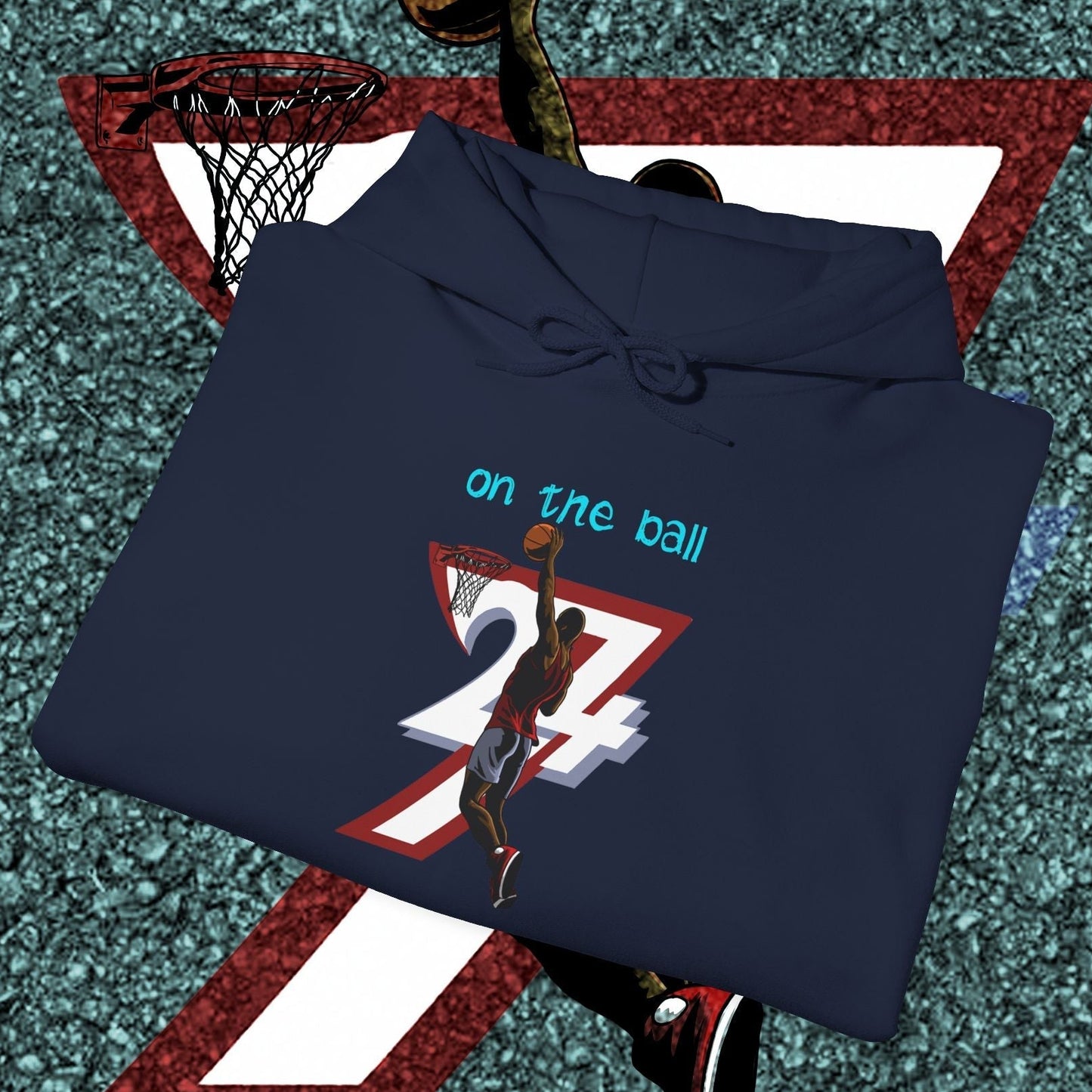 Navy basketball hoodie with unique hand-drawn basketball player design and number 24/7 for training and streetwear