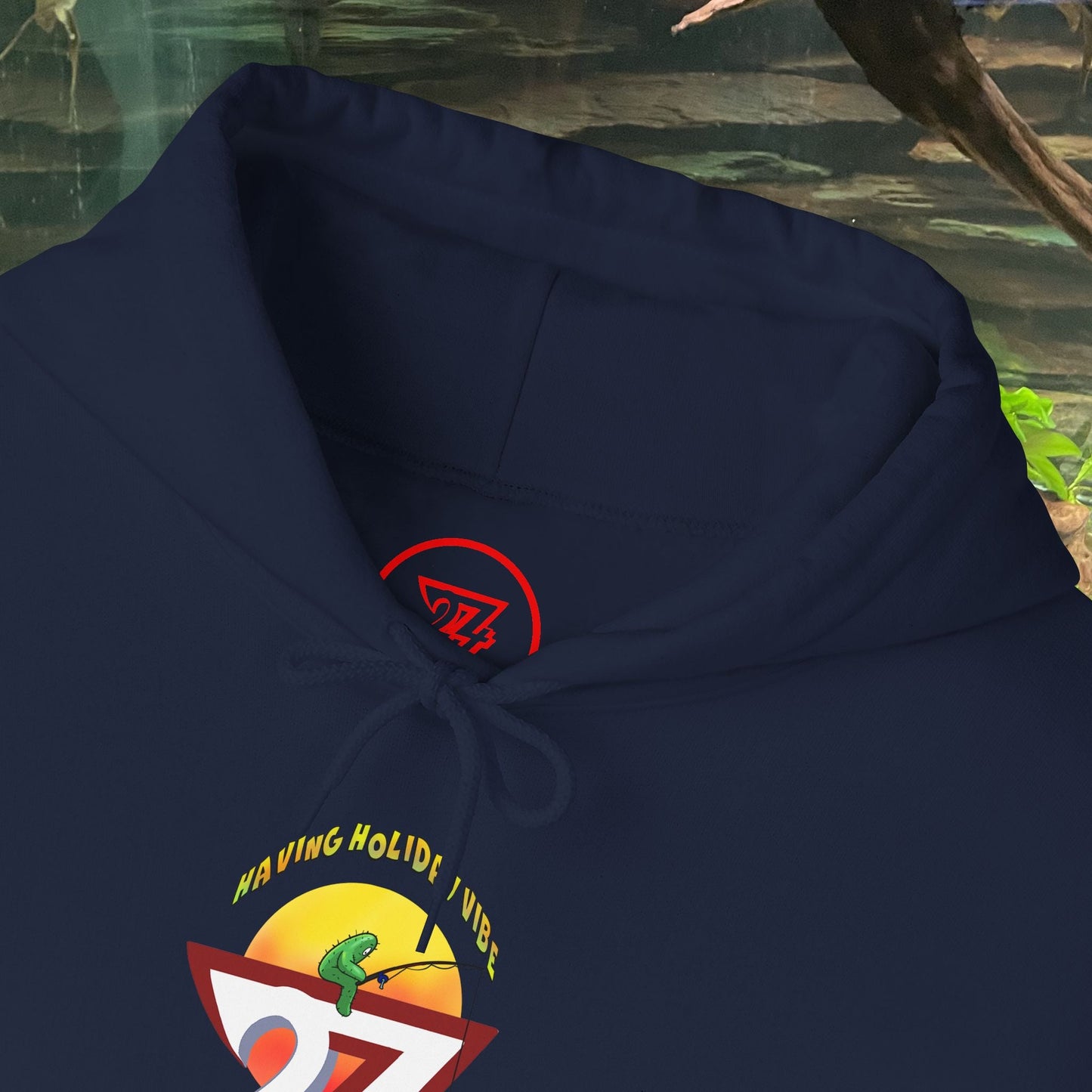 Navy blue Funny Fishing Hoodie with summer holiday fishing cactus graphic on front