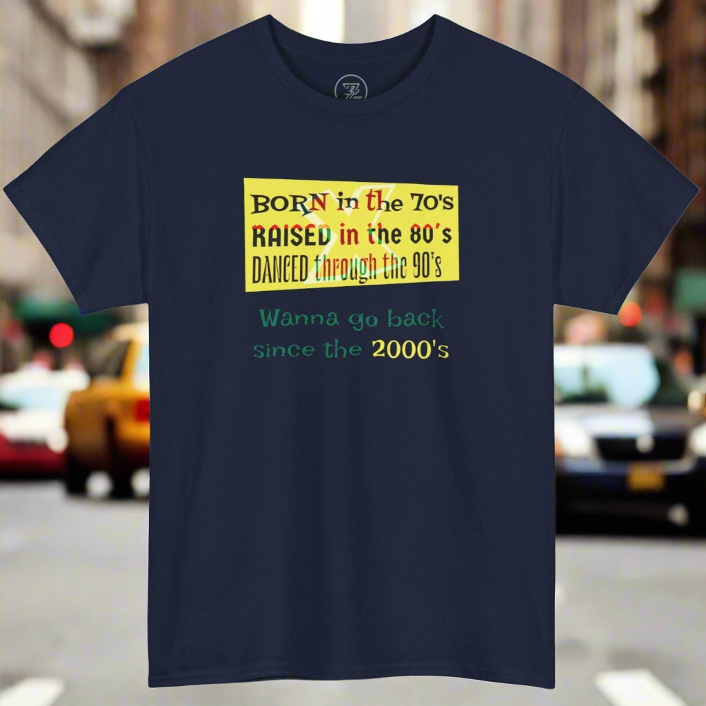 Navy blue Gen-X tee with retro text celebrating the 70s, 80s, and 90s nostalgia by 24/7 Unique Designs